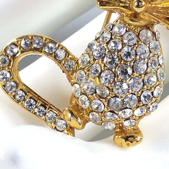 Rhinestone Cat Blue Eyes Brooch, Gold Plated, 1960s Vintage Jewelry - Picture 5 of 10